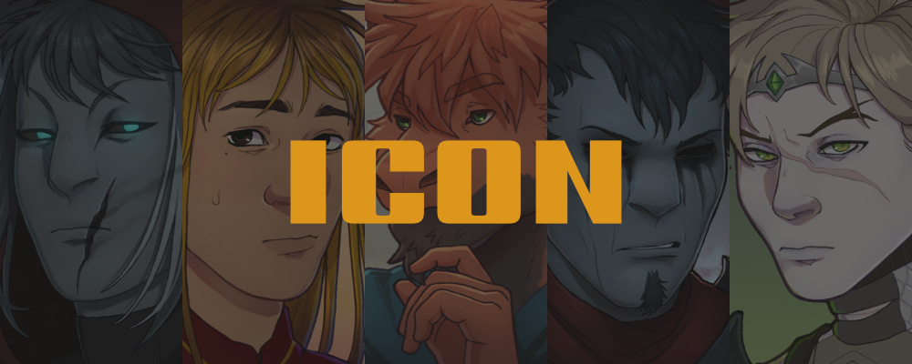 Collage of portraits with text over it that says "icon"